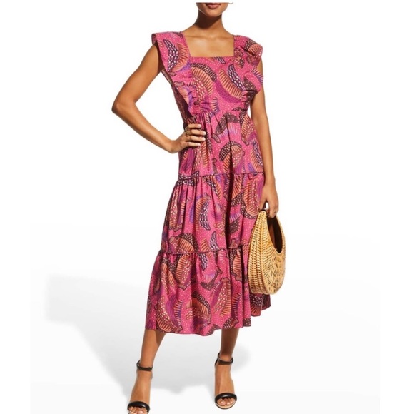 FARM Rio Pink Wild Bananas Ruffle Midi Dress Large NWOT - Picture 3 of 14